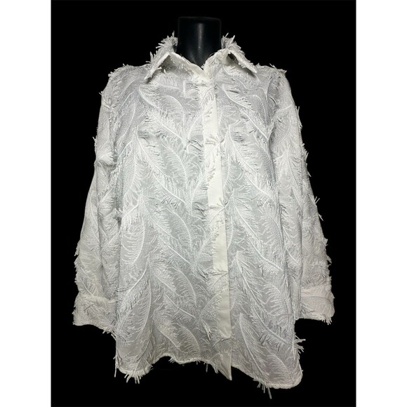 Zara White Fringe Textured Button-Up Shirt Long Sleeve Feather Pattern Sz S - Picture 1 of 13